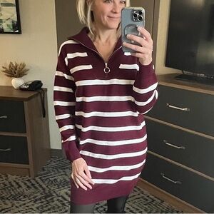 Merokeety Women’s Sweater Dress Size Small Maroon & White Stripes Stretchy